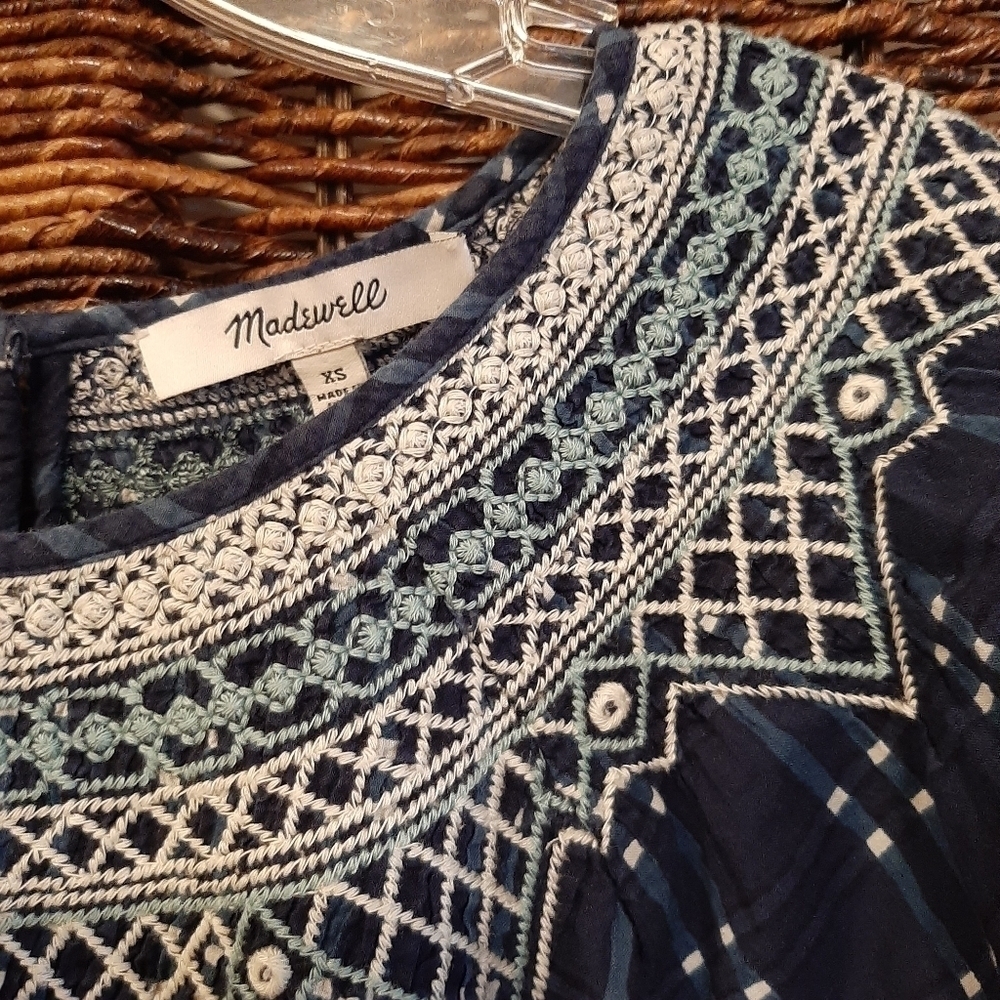 Madewell Embroidered Puff Sleeve Babydoll Mini Dress Indigo Plaid XS Navy Blue - Picture 5 of 12